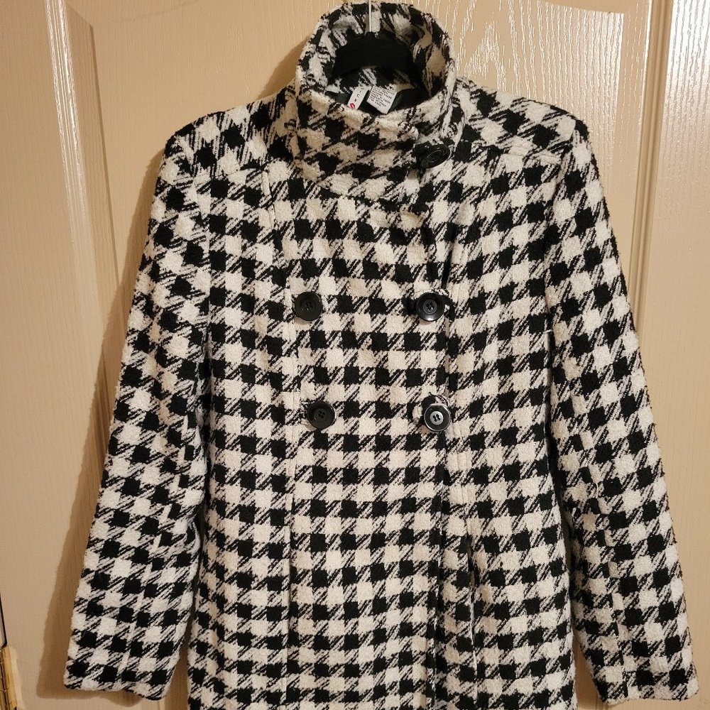 Wool Pea Coat, Black & White Houndstooth, SZ L